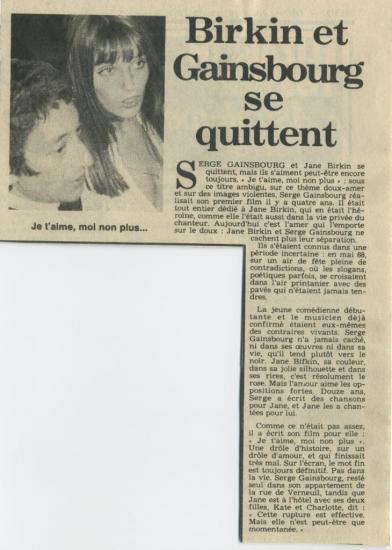 Jane Birkin et Serge Gainsbourg séparation article presse française